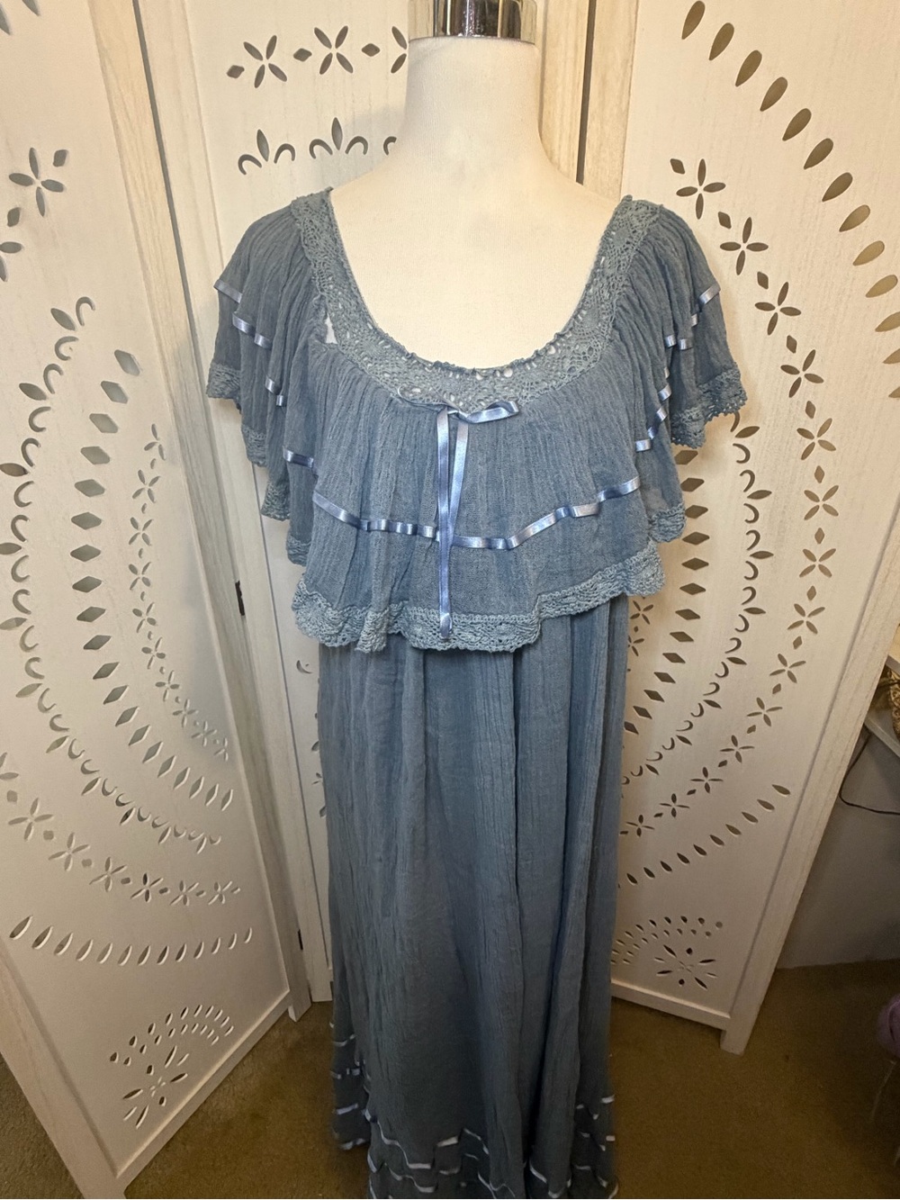 Jen’s Pirate Booty Boho Ruffled Maxi Dress in Dusty Blue